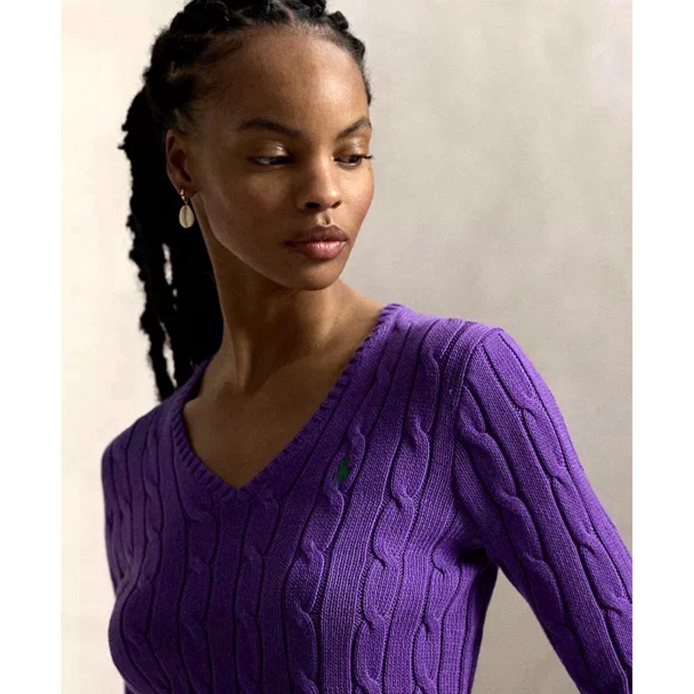Ralph Lauren Cable Knit Sweater V-neck 100% Cotton Purple SZ M